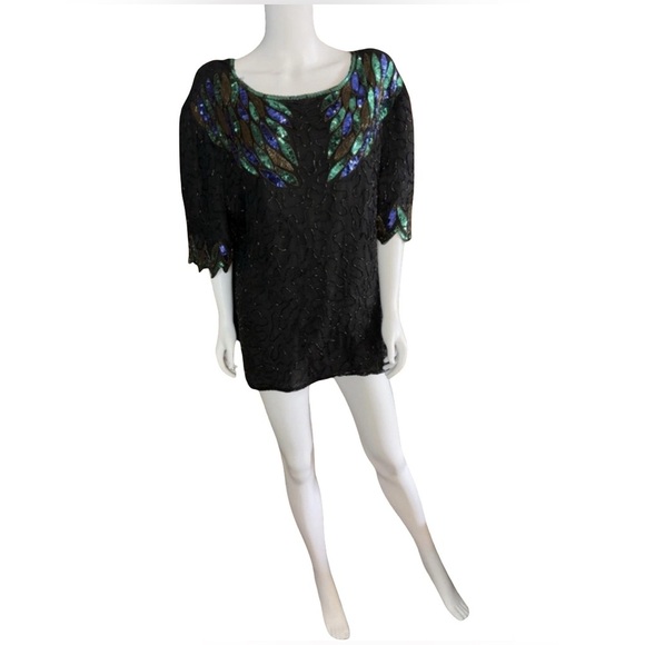 Vintage Silk Beaded Woman’s Top Blouse Size 2X Made In India - Picture 1 of 4